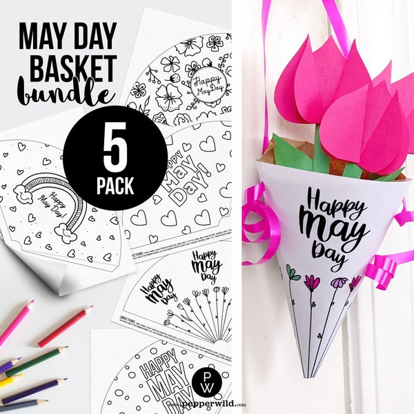 May Day Basket Bundle Variety 5 Pack for Kids to Color // Classroom May Coloring Book Printable // Last Minute May Day Gift Instant Download