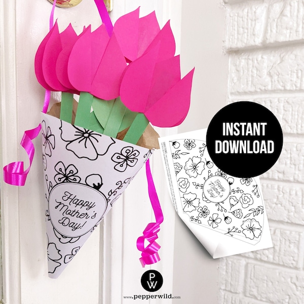 Mother's Day Flowers Paper Basket Template Printable // Kid Flowers Coloring Page for Mom // DIY Paper Crafts with Directions Download