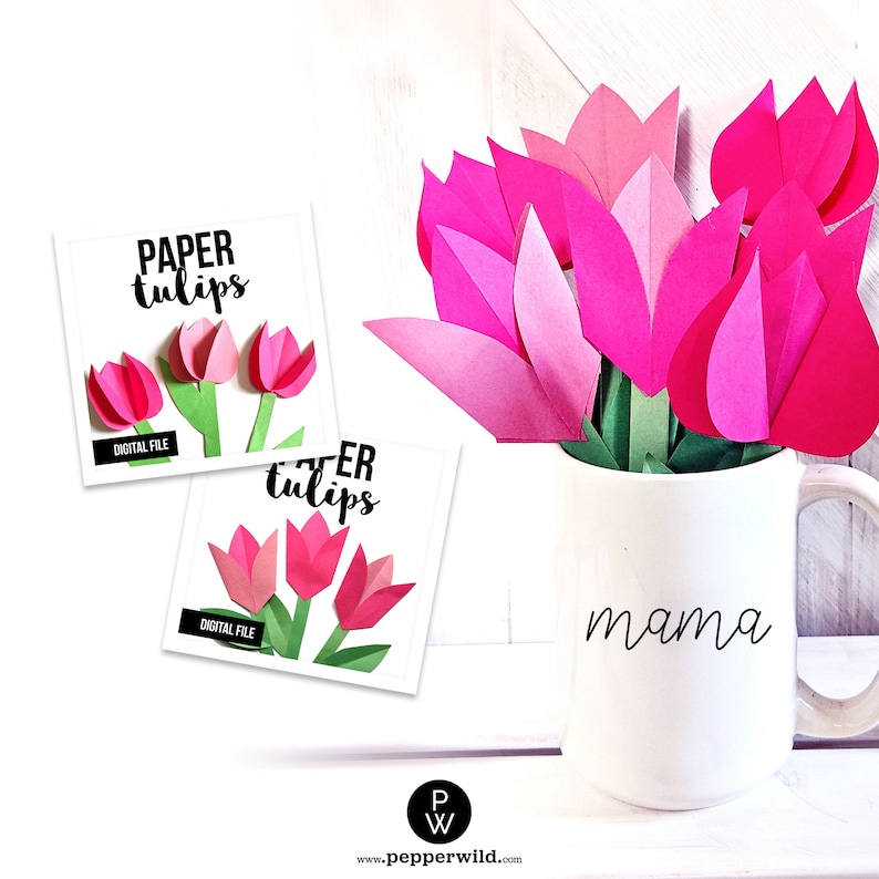 May include: Two printable digital files for paper tulips. The files feature a bouquet of pink paper tulips with green stems. The text "PAPER tulips" is on the top of each file. The text "DIGITAL FILE" is at the bottom of each file. The files are displayed on a white surface with a white mug that says "mama" in black lettering.