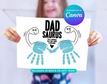 Dad Dinosaur Handprint Card, Birthday, Father's Day Digital Download (Daddy, Papi, Papa, Padre variations) plus you can personalize in Canva