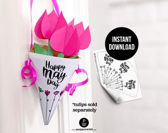 Paper Cone May Day Basket Template to Print at Home // May Day Paper Cones for Neighbor and Friend Gifts // Flowers Coloring Book Download