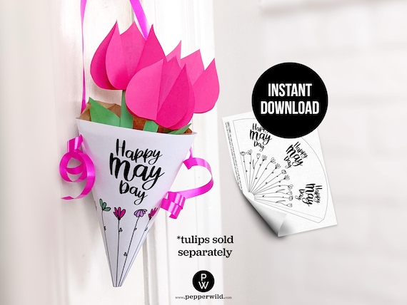 Paper Cone May Day Basket Template to Print at Home // May Day Paper Cones for Neighbor and Friend Gifts // Flowers Coloring Book Download