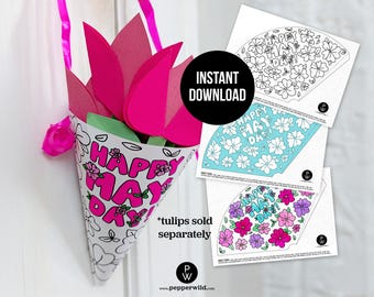 May Day Basket Template 2026: Coloring Paper Origami Cone Craft (Instant Digital Download)