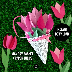 Make Your Own May Day Basket with Paper Flowers // Coloring Book Flower Pattern // Last-Minute, Printable Spring Craft // Instant Download