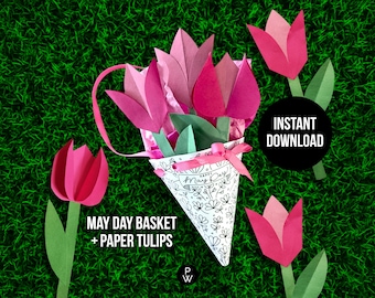 Make Your Own May Day Basket with Paper Flowers // Coloring Book Flower Pattern // Last-Minute, Printable Spring Craft // Instant Download