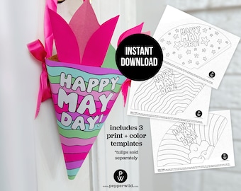 Print & Color 3-Pack of May Day Basket Templates // Instant Download, Super Quick and Simple Kid's Coloring Craft Project for Preschool