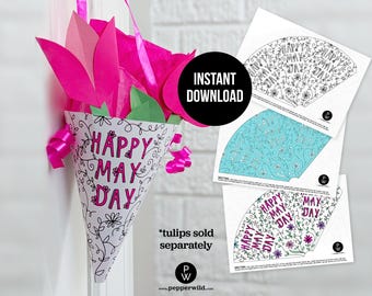 Print & Color a Cute May Day Basket in 2026 // Hand-Drawn Flower Doodles for a Fun Kid's Craft Project // Last Minute, Easy, Simple, Quick