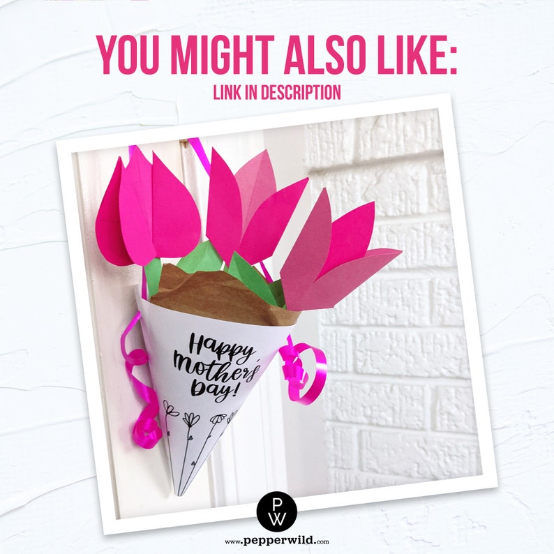 May include: A paper cone bouquet with pink paper tulips and a white paper tag that says "Happy Mother's Day!" with a pink ribbon.