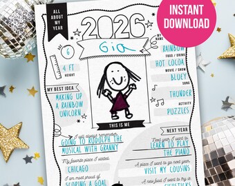 Year in Review Fill In The Blank Memories from 2026 Printable // All About Me Questions for New Years 2027 // Fun New Years Day Kid Activity
