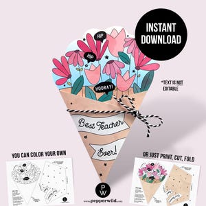 Best Teacher Ever Paper Flower Bouquet Card // Teacher's Appreciation Week Gift Card from Kids, Student // Coloring Page Instant Download