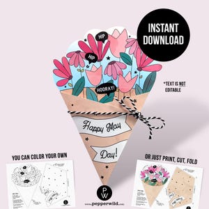 Joyeux 1er mai, bouquet de fleurs en papier / / Cadeau de printemps amusant, de dernière minute pour amis et voisins / / Modèle de page à colorier à téléchargement immédiat