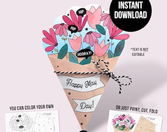Happy May Day Folded Paper Flower Bouquet // Fun, Last Minute Spring Gift for Friends & Neighbors // Coloring Page Instant Download Template