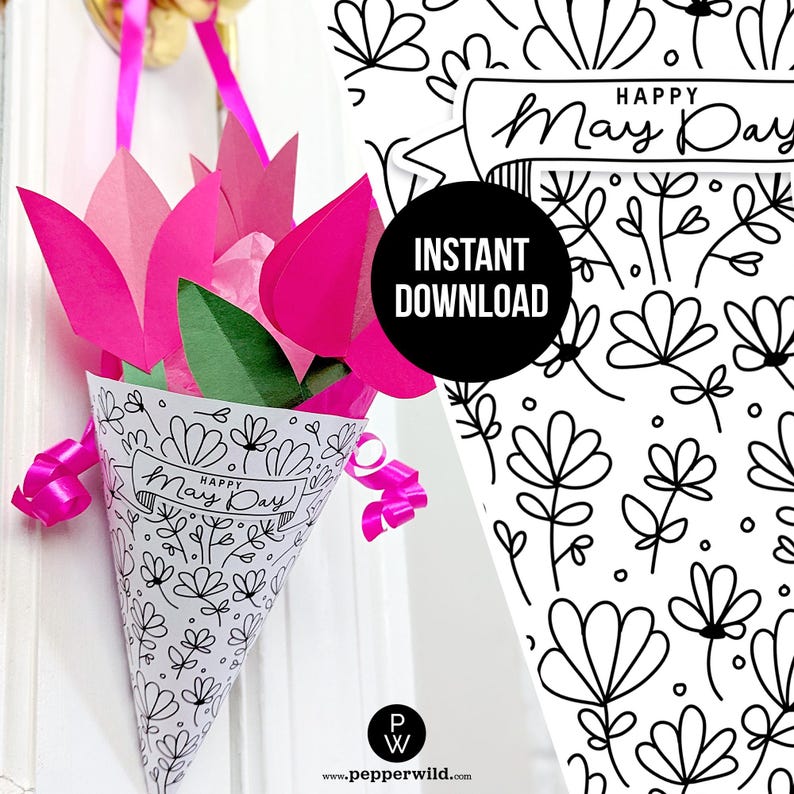 Simple May Pattern Make Your Own May Day Basket With Paper Flowers // Coloring Book Flower ...