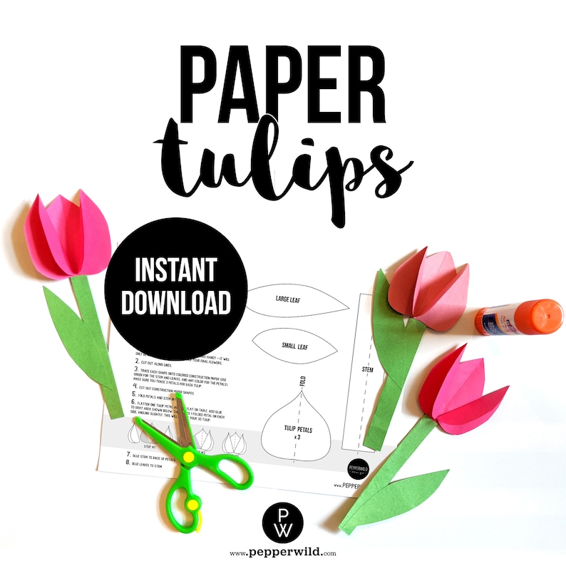 May include: Printable paper tulip craft template with instructions. The template includes tulip petals, leaves, and stems. The image also shows a finished paper tulip, scissors, and glue.
