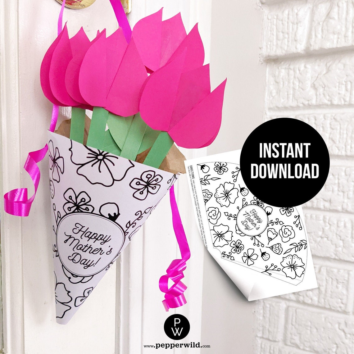 Mother's Day Flowers Paper Basket Template Printable // | Etsy