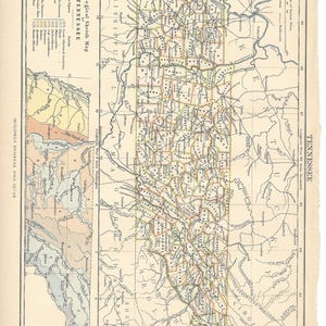 May include: A vintage geological sketch map of Tennessee, showing the state's counties, railroads, and geological formations. The map is printed in black and white with colored lines and areas to indicate different geological features.