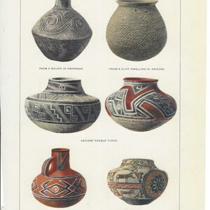 May include: A collection of six Native American pottery vessels. The top row shows a gray pottery vessel with a swirl design and a tan pottery vessel with a textured surface. The second row shows two pottery vessels with geometric designs in black, white, and red. The bottom row shows a red pottery vessel with a handle and a white pottery vessel with a geometric design and a deer illustration. The text below the images reads "ABORIGINAL POTTERY-UNITED STATES", "FROM A MOUND IN ARKANSAS", "FROM A CLIFF DWELLING IN ARIZONA", "ANCIENT PUEBLO TYPES", "FROM A RUIN IN ARIZONA", and "MODERN ZUNI IN ARIZONA".