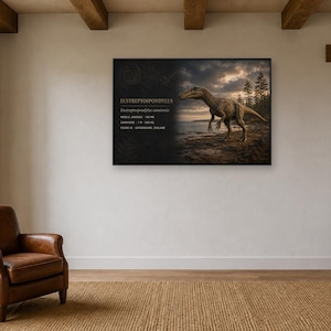 May include: A rectangular wall art print featuring a brown dinosaur standing on a shoreline at dusk. The left side is black with white text reading EUSTREPTOSPONDYLUS, Eusreptospondylus oxoniensis, MIDDLE JURASSIC 165 MA, CARNIVORE 5 M 500 KG, FOUND IN OXFORDSHIRE ENGLAND.