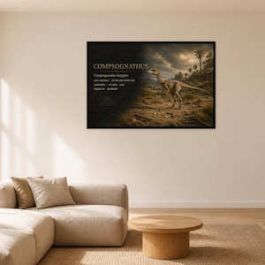 May include: A framed wall art print featuring a Compsognathus dinosaur in a prehistoric landscape. The left side is black with white text detailing the dinosaur's name, scientific name, life period, size, and location of discovery in Germany.