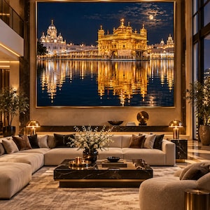 Può includere: Una grande stampa artistica rettangolare da parete che mostra una vista notturna del Tempio d'Oro ad Amritsar, in India, illuminato in oro contro un cielo blu scuro, con il suo riflesso che brilla sulla superficie dell'acqua, incorniciato in oro.