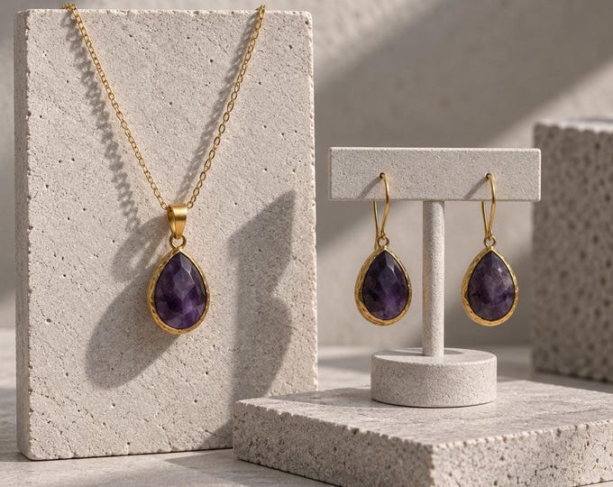 Featured listing image: Natural Amethyst Necklace and Earrings Set, Teardrop Gemstone Jewelry