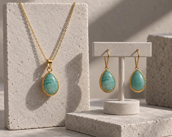 Featured listing image: Natural Amazonite Necklace & Earrings Set, Teardrop Gemstone Jewelry