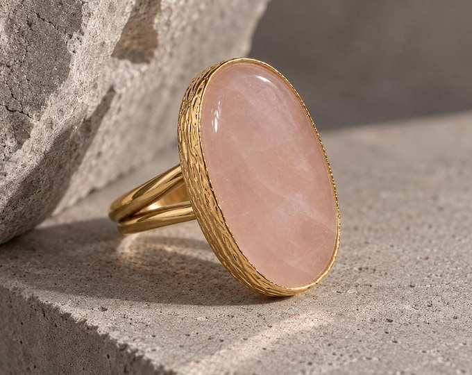 Featured listing image: Rose Quartz Ring, Natural Pink Stone Gold Statement Ring, Adjustable