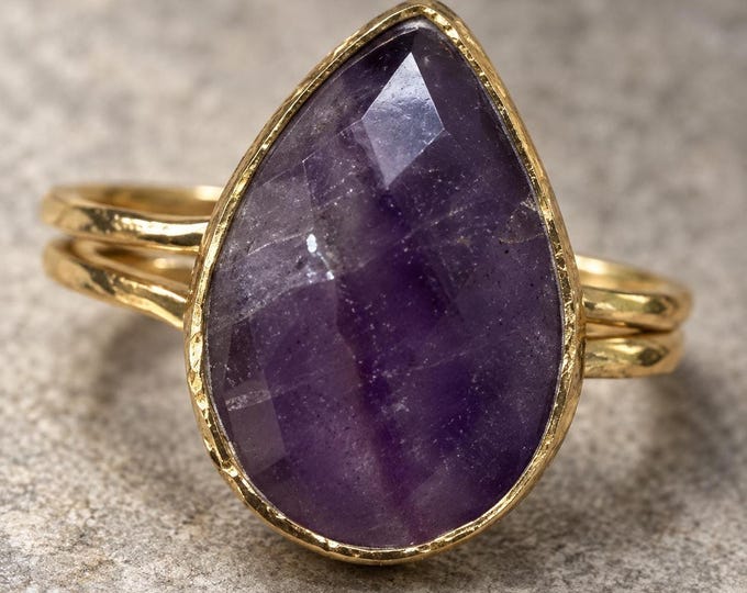 Featured listing image: Natural Amethyst Ring, Adjustable Faceted Teardrop February Birthstone