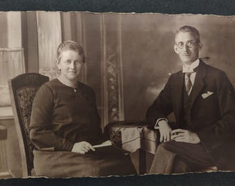 RPPC Antique Photo Postcard Older Man Woman Seated Formal Spectacles Edged OOAK