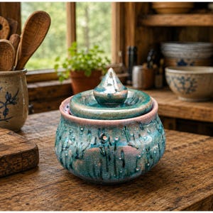 Peut inclure: Un pot en céramique rond avec un couvercle surmonté d'un bouton pointu. Le pot présente un émail texturé dans des tons de sarcelle, turquoise et rose pâle, avec une finition craquelée et des motifs de coulures verticales sur l'extérieur.