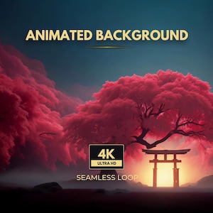 May include: An animated background featuring a vibrant red tree and a traditional torii gate silhouette against a glowing sunset. The text reads ANIMATED BACKGROUND, 4K ULTRA HD, and SEAMLESS LOOP in gold lettering over the dark blue sky.