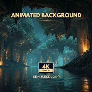 Può includere: Uno sfondo animato che mostra un paesaggio cavernoso scuro con alberi color verde acqua e luci dorate. Il testo recita ANIMATED BACKGROUND, 4K ULTRA HD e SEAMLESS LOOP. La scena include uno specchio d'acqua calmo che riflette la luce.
