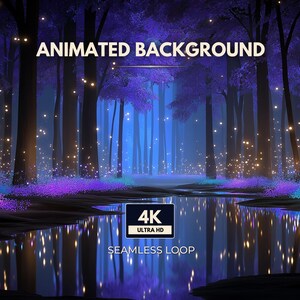 May include: An animated background featuring a dark forest with purple trees and glowing golden fireflies hovering over a reflective pool of water. The text ANIMATED BACKGROUND, 4K ULTRA HD, and SEAMLESS LOOP are displayed in white lettering.