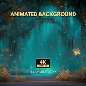 Può includere: Uno sfondo animato che raffigura una foresta color verde acqua con lucciole dorate e una farfalla. Il testo recita ANIMATED BACKGROUND, 4K ULTRA HD e SEAMLESS LOOP. La scena include sagome di alberi scuri e piccole macchie di fiori.
