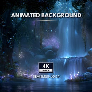 Può includere: Uno sfondo animato che mostra una cascata blu luminosa in un ambiente boschivo scuro con rampicanti sospesi, scintille viola e particelle di luce fluttuanti. Il testo recita ANIMATED BACKGROUND, 4K ULTRA HD e SEAMLESS LOOP.
