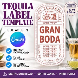 Puede incluir: Una plantilla digital de etiqueta de tequila con diseño rectangular vertical, esquinas redondeadas, texto rojo y una ilustración central de dos figuras. La etiqueta incluye espacios para texto personalizado, 30% Alc. Vol. Cont. Net. 750 ml y bordes con texto en latín.