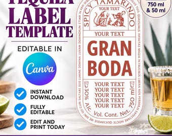 Tequila Label Template, Gran Malo Inspired Wedding Label, 750ml & 50ml Bottle Labels, Editable Canva Template + Bonus Stickers