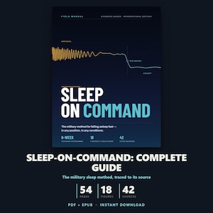 May include: A dark blue digital guide titled Sleep on Command, featuring a yellow and blue wave graph showing arousal and sleep states. The cover text includes Field Manual, Evidence-Based International Edition, and details on a 6-week training programme.
