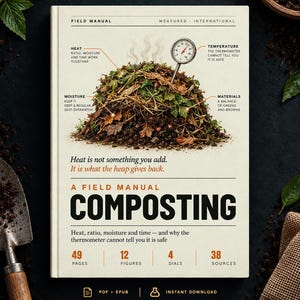 May include: A cream-coloured book cover titled A Field Manual Composting with a central illustration of a steaming compost pile and a thermometer. The text includes Top Digital Knowledge, 49 pages, 12 figures, 4 dials, 38 sources, and PDF + EPUB.