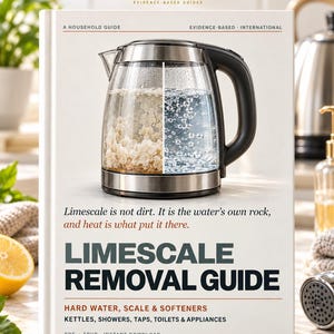 Könnte beinhalten: Ein Buch mit dem Titel LIMESCALE REMOVAL GUIDE und dem Untertitel HARD WATER, SCALE & SOFTENERS. Das Cover zeigt einen elektrischen Wasserkocher aus Glas, geteilt in eine Seite mit Kalkablagerungen und eine mit klarem Wasser, sowie den Text Limescale is not dirt.