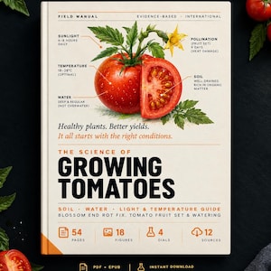 Könnte beinhalten: Ein Feldbuch mit dem Titel The Science of Growing Tomatoes mit cremefarbenem Einband, einer roten Tomatenillustration, Texten zu Sonnenlicht, Temperatur, Wasser und Boden sowie Symbolen für 54 Seiten, 18 Abbildungen, 4 Skalen und 12 Quellen.
