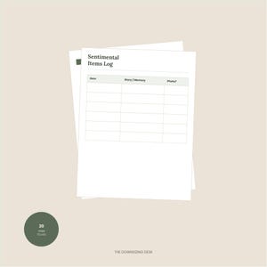以下が含まれることがあります： Sentimental Items Logというタイトルの白い紙のログシート。Item、Story/Memory、Photoの列があります。文書は情報を記録するためのグリッドレイアウトになっています。20 ITEMS TO LOGというテキストが書かれた濃い緑色の円形アイコンが表示されています。