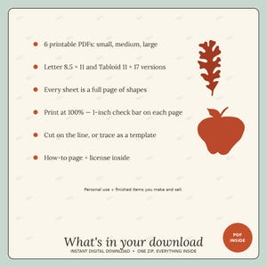 May include: A digital download information sheet featuring a rust-colored oak leaf and apple silhouette. Text includes: 6 printable PDFs: small, medium, large; Letter 8.5 x 11 and Tabloid 11 x 17 versions; 1-inch check bar; How-to page + license inside.