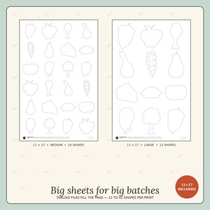 May include: Two printable sheets featuring black outlines of autumn-themed shapes like acorns, apples, leaves, trees, and pies. The left sheet contains 24 medium shapes, and the right sheet contains 12 large shapes. Text includes 11 x 17 MEDIUM 24 SHAPES, 11 x 17 LARGE 12 SHAPES, and Big sheets for big batches TABLOID FILES FILL THE PAGE 12 TO 42 SHAPES PER PRINT.