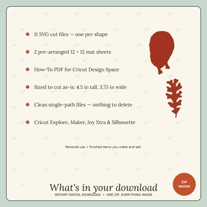 May include: A digital download information graphic featuring a list of 11 SVG cut files, 2 pre-arranged 12 x 12 mat sheets, a PDF guide, and compatibility for Cricut and Silhouette machines. The text includes dimensions of 4.5 in tall and 3.75 in wide.