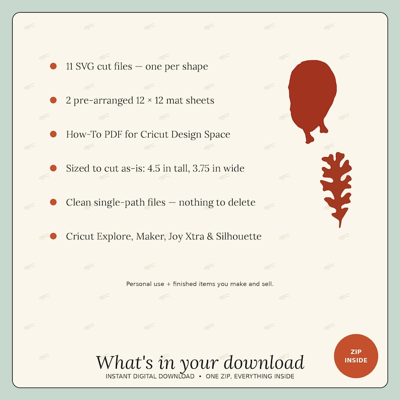 May include: A digital download information graphic featuring a list of 11 SVG cut files, 2 pre-arranged 12 x 12 mat sheets, a PDF guide, and compatibility for Cricut and Silhouette machines. The text includes dimensions of 4.5 in tall and 3.75 in wide.