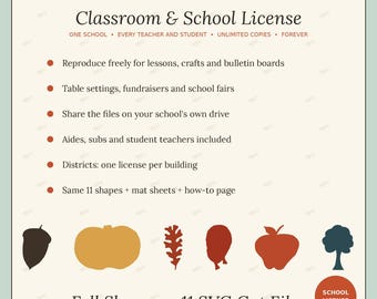 May include: A digital license document titled Classroom & School License for Fall Shapes 11 SVG Cut Files. It lists usage terms including unlimited copies for one school, teachers, and students, with icons of an acorn, pumpkin, leaf, and tree.