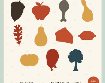 Puede incluir: Una colección digital de 11 siluetas con temática otoñal que incluye una bellota, manzana, muslo de ave, calabaza, hoja, pera, porción de tarta, tarta entera, calabaza, patata y árbol en tonos marrón, naranja, amarillo y azul con el texto Fall Shapes.