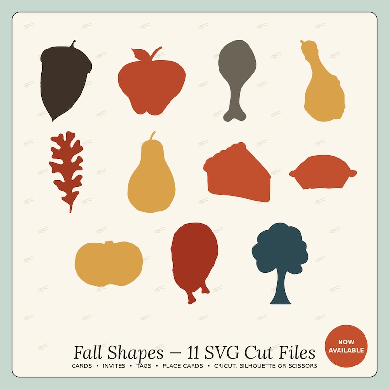 May include: A digital collection of 11 fall-themed silhouettes including an acorn, apple, poultry leg, gourd, leaf, pear, pie slice, whole pie, pumpkin, potato, and tree in shades of brown, orange, yellow, and blue with the text Fall Shapes.