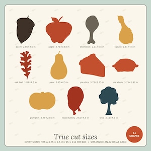 May include: A collection of 11 autumn-themed shapes including an acorn, apple, drumstick, gourd, oak leaf, pear, pie slice, whole pie, pumpkin, roast turkey, and tree. Each shape is labeled with its name and dimensions in inches.